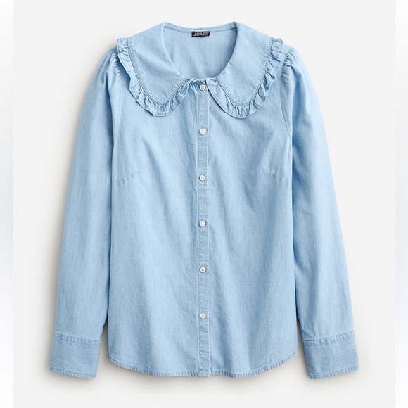 J. Crew Tops - J Crew Blue Chambray Shirt Ruffle Peter Pan Collar Long Sleeve Women's Size 4